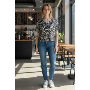 NEW Express Womens XS Top Black White Zebra Stripe Sequin Short Sleeve Blouse